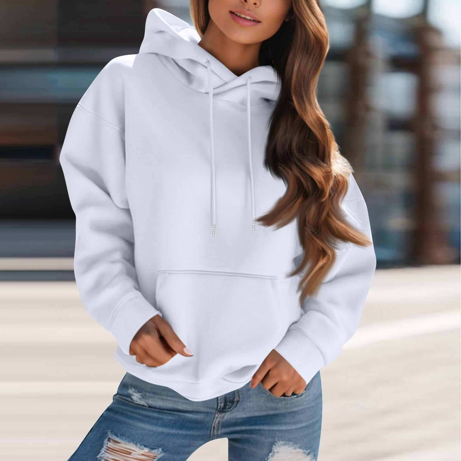 

Женская мода однотонный капюшон с завязками на длинные рукава свободный пуловер свитшот топ S белый