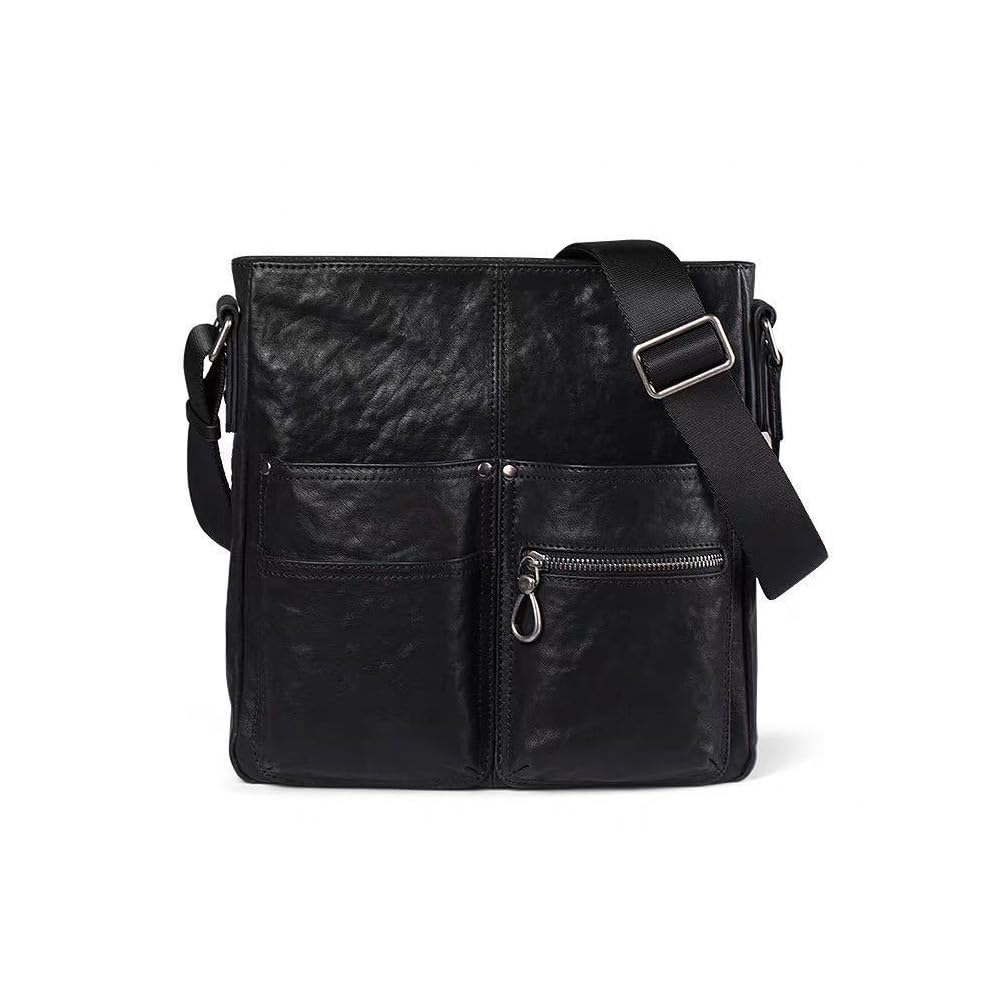 

Whatna Antique-Style Tanned Natural Cowhide Leather Crossbody Bag, One-Shoulder Bag for Men, Genuine Thick Leather, A4 Size, 1808 (Black)