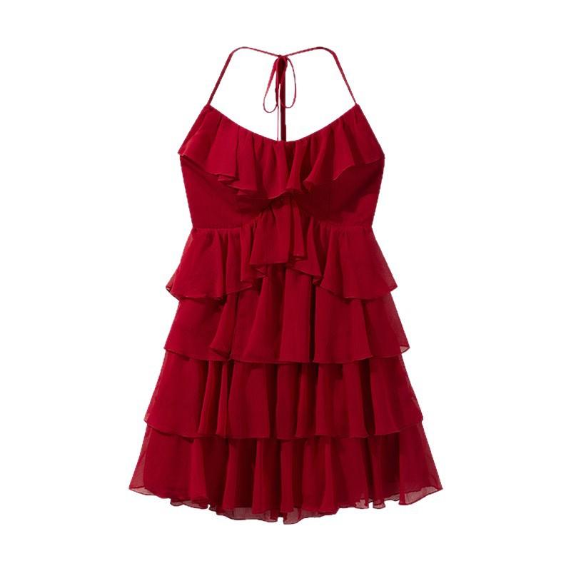 Red suspender dress women's summer new pure desire spice girl vacation style thin a word short skirt cake skirt
