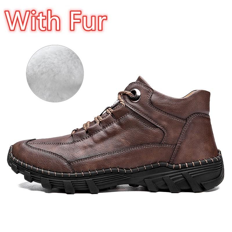 Big Size Cowhide Split Autumn Winter Warm Men Boots With Fur Vintage Motorcycle Boots Male Snow Ankle Boots Fashion Hiking Shoes