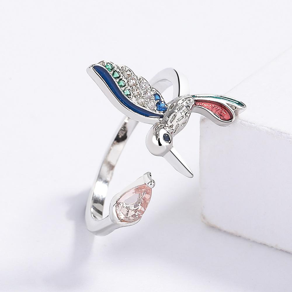 Bisha Inlaid Colorful Animal Ring Colorful Hummingbird Open Ring Jewelry