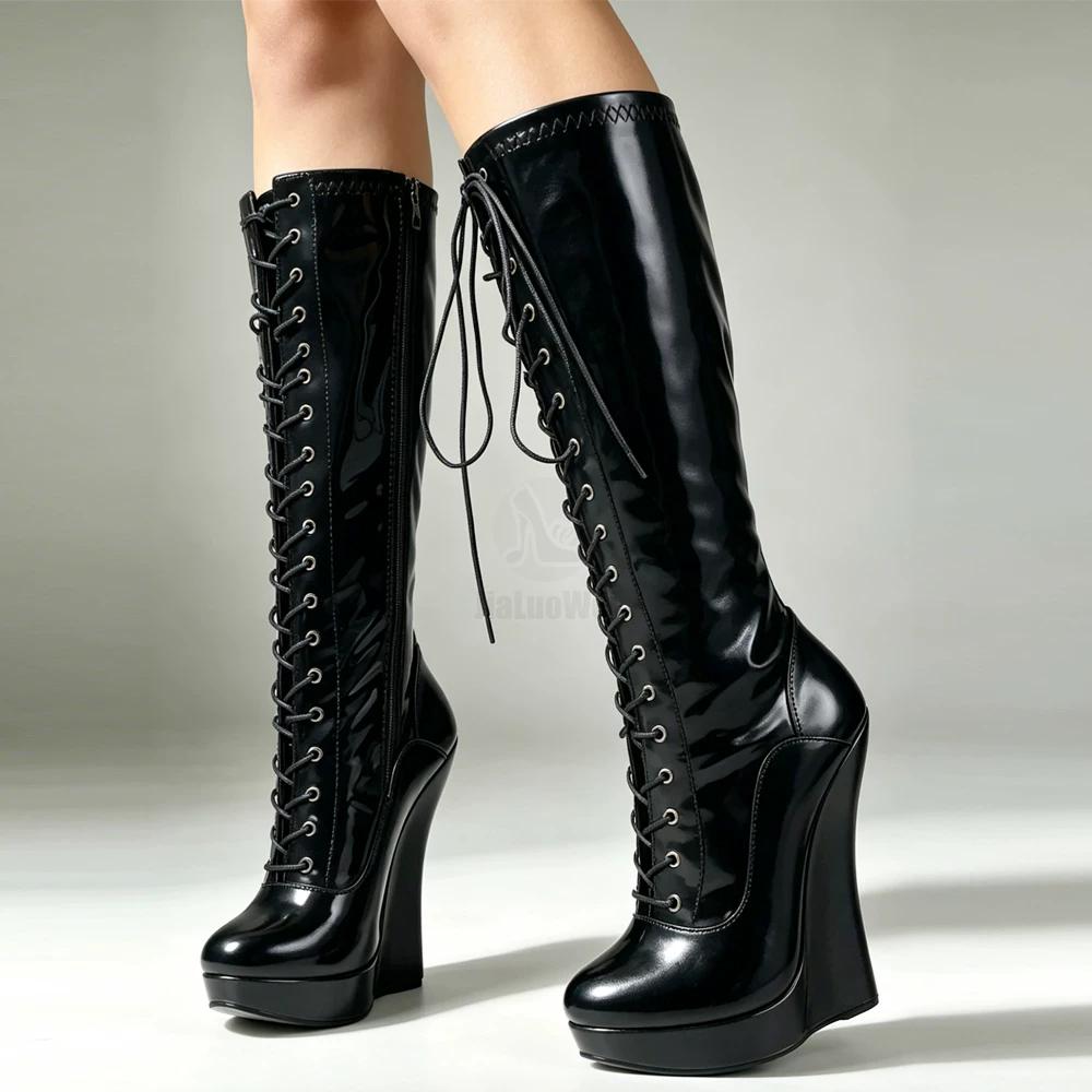 Botas femininas de balé com cadarço, salto cunha de 18cm com salto estranho, plataforma de 3cm, couro envernizado, sexy, zíper, botas altas no joelho