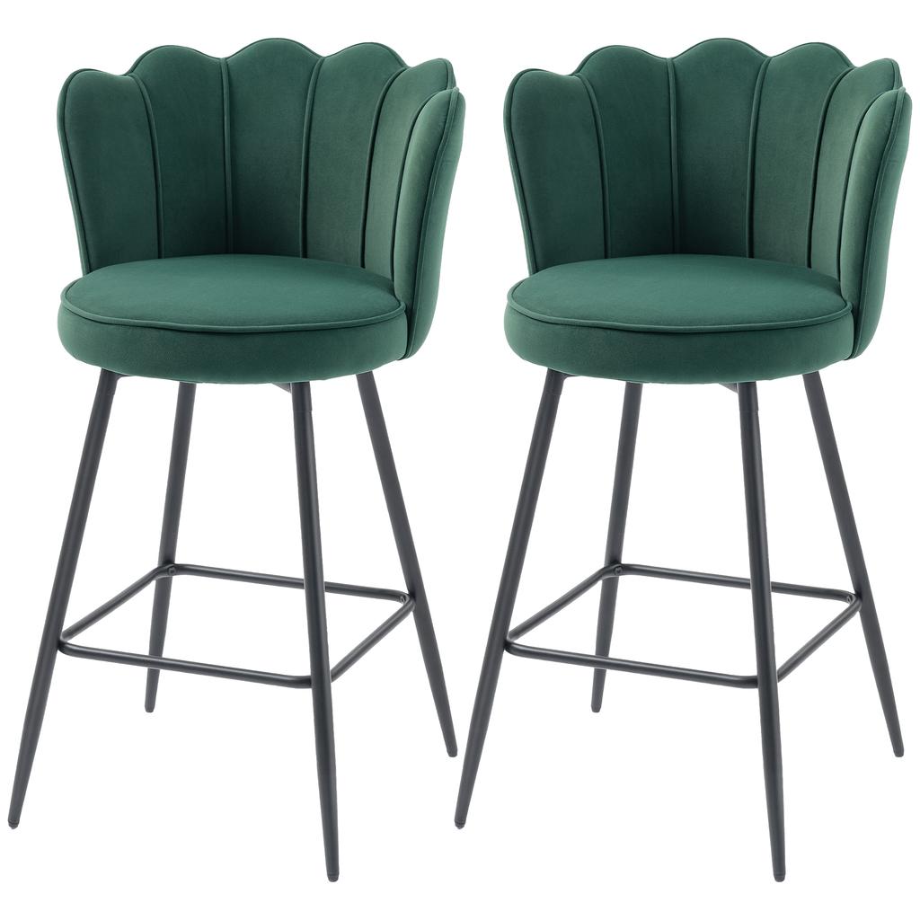 Set of Two Velvet-Feel Lotus Bar Stools - Dark Green