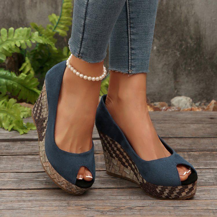 Damen Übergröße Peep-Toe Keilabsatzschuhe - Herbststil zum Hineinschlüpfen 43 blau