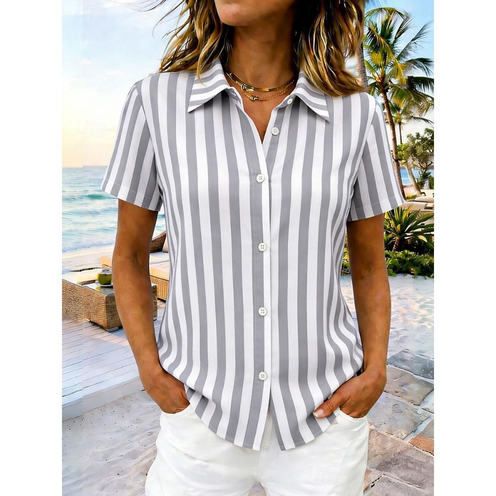 Women's multicolored stripes Print Lapel Shirt Short Sleeve Button Down Casual Tops Summer Beach Hawaiian Wear