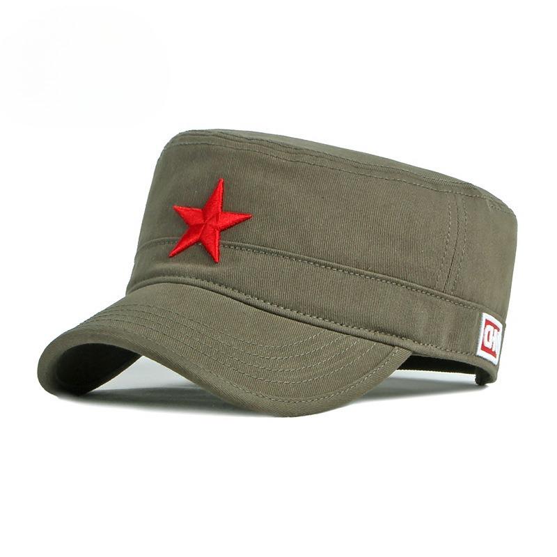

Red Star Embroidery Military Cap Men Women Chinese Style Flat Top Hat Spring Summer Outdoor Sun Protection Cotton Peaked Cap 56-60cm армія зелений колір