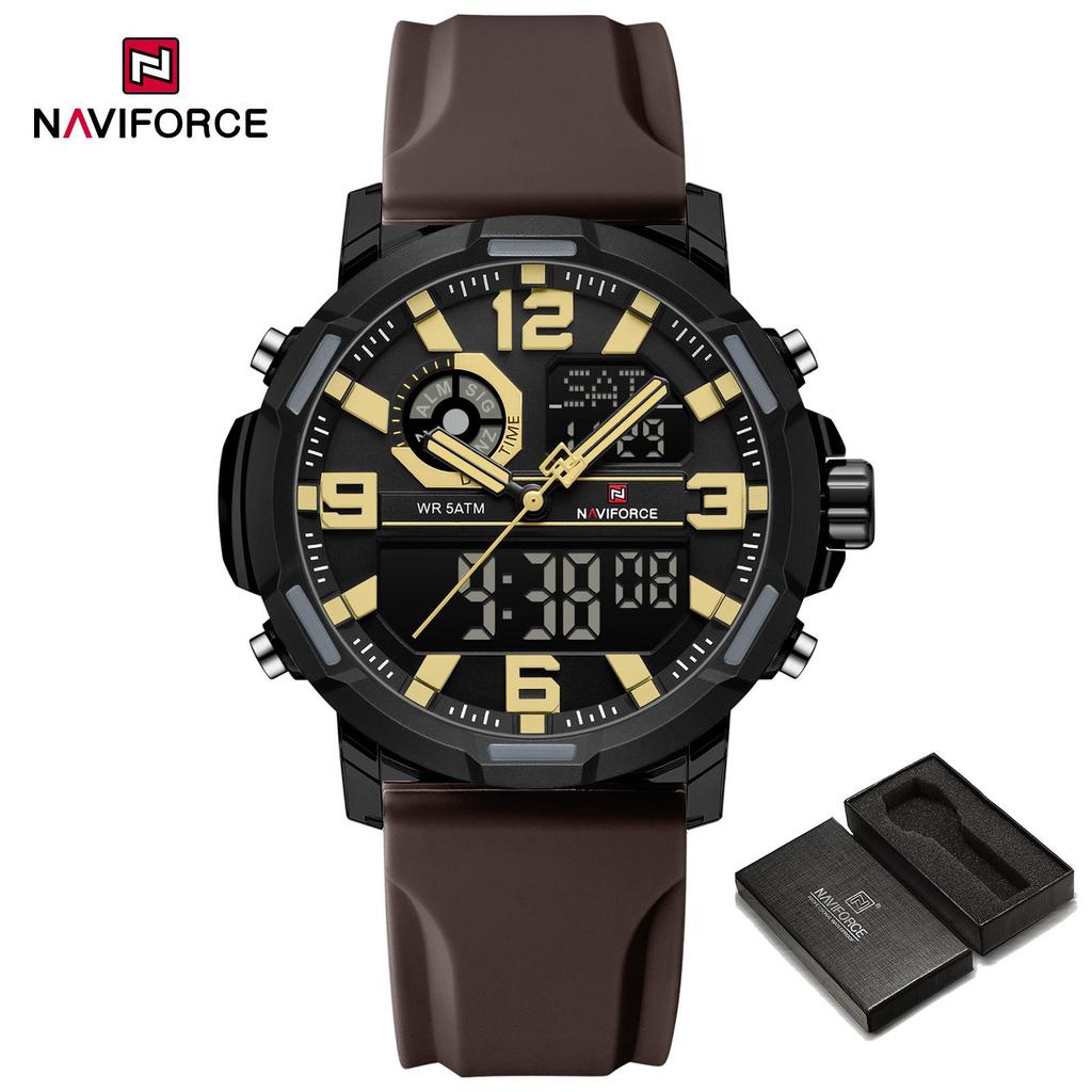 NAVIFORCE Original Men Dual Time Watch Quartz Movement LCD Digital Silicone Strap Waterproof Calendar Date Night Pattern Men Watch NF7130