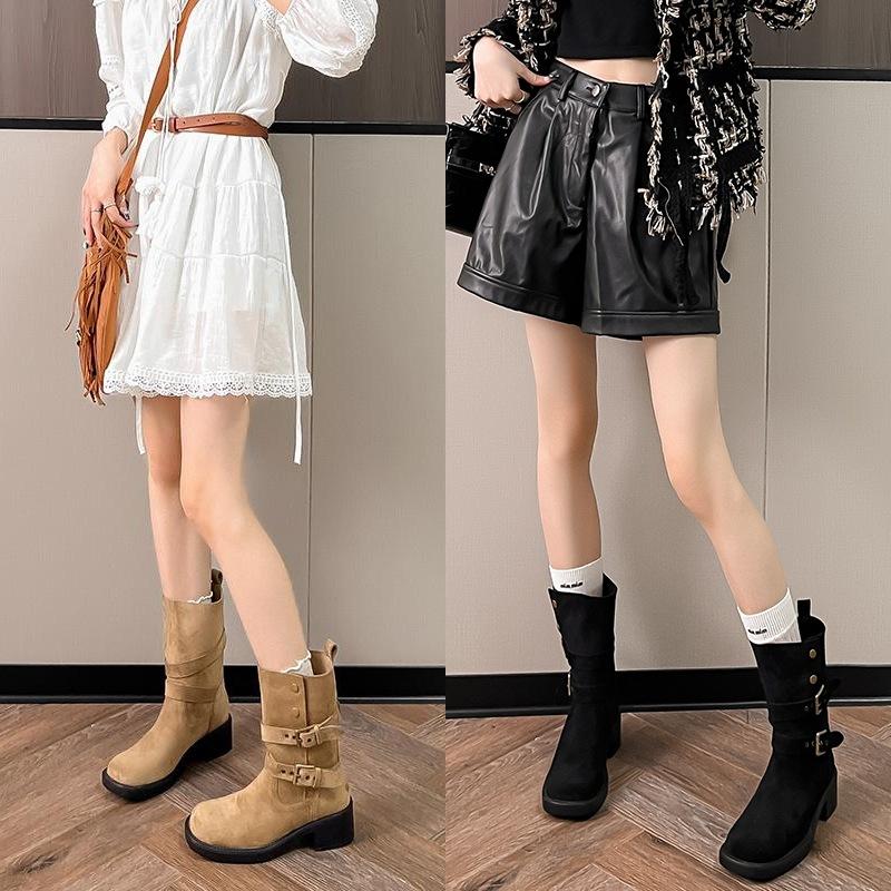 British retro suede medium boots children thick heel thick sole belt buckle cowboy boots lapel two wear spring and autumn short boots