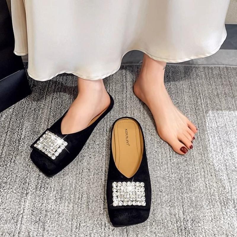 Fashion Rhinestone Square Toe Flat Women's Slippers and Ladies Sandals New Fashion Slides On Sale Chic Elegant Low Price Shoes Promotion