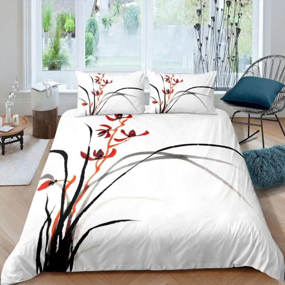 Red Plum Blossom King Queen Duvet Cover Ink Landscape Painting Bedding Set Chinese Style Quilt Cover Polyester Comforter Cover