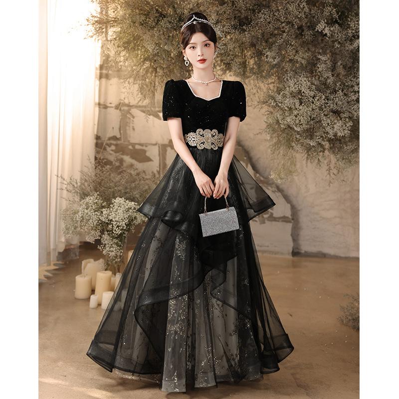Black Evening Dress Women's 1011 New Banquet Long-sleeved French Summer Vocal Art Test Skirt Light Luxury Niche Dress