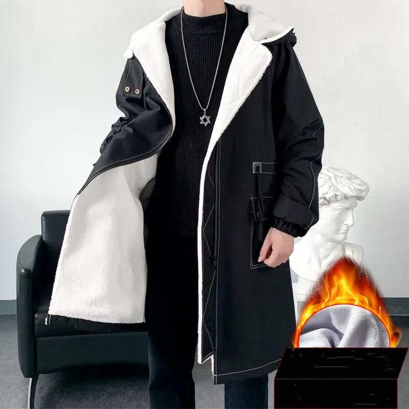 

Men Winter Hooded Thick Trench Coat Hip Hop Streetwear Windbreakers Youth Casual Jackets L чорний