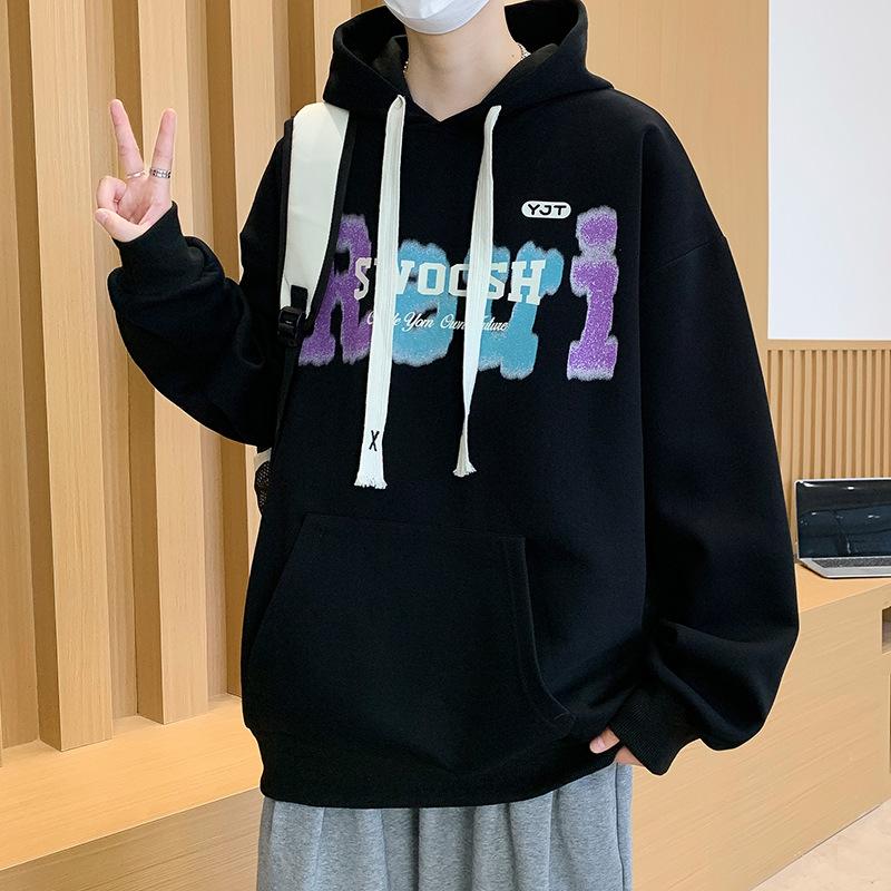 

Новая толстовка для мальчика с капюшоном, свободный крутой топ, пальто для ученика средней школы, старшеклассника, футболка с принтом и длинным рукавом 3XL чёрный