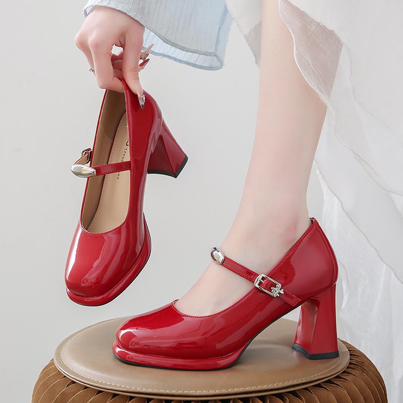 Genuine Leather Mary Jane High Heel Shoes Women's Chunky Heel Slip-On Elegant Mouth Mini Leather Shoes round Toe Rubber Sole