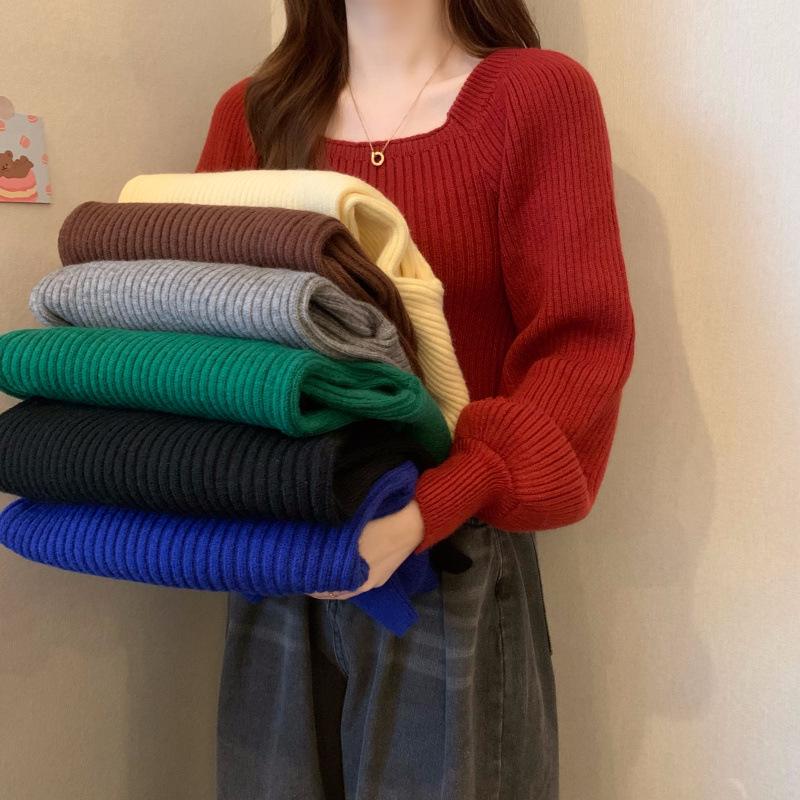 High-End Puff Sleeve Square Neck Sweater - Autumn/Winter Slim Fit Versatile Top