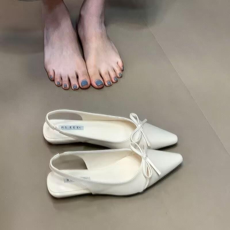 Fashion Versatile Womens Sandals with Anti Slip Slim Heel Close Toes Elastic Band Bow 2025 Summer Outdoor PU Black/White Fashion Sandals