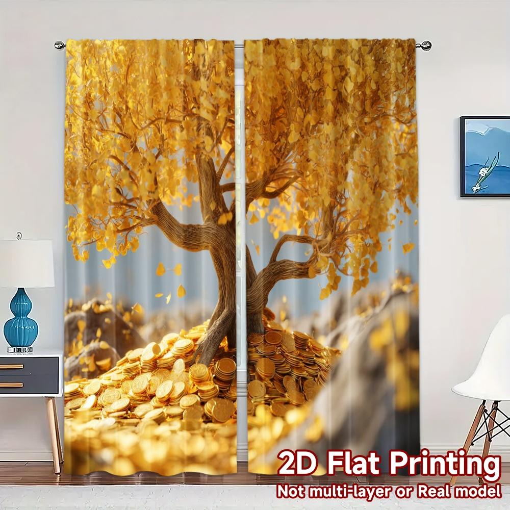 

Set Of 2 Flat Printing Curtains Without Rod Golden Blossom Tree Popular Versatile Polyester Curtain Light Filtering W100*H70(CM)-Hooks&1PCS
