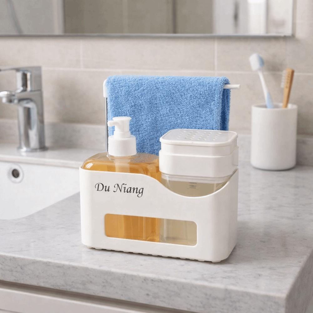 4-in-1 Hand- und Geschirrspülmittelspender Set Nachfüllbarer Kunststoff-Druckseifenspender mit Schwammhalter Lappenhalter