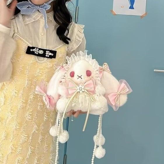 Japanese Lolita Bunny Plush Bag For Girls With Cartoon Design And Drawstring Closure