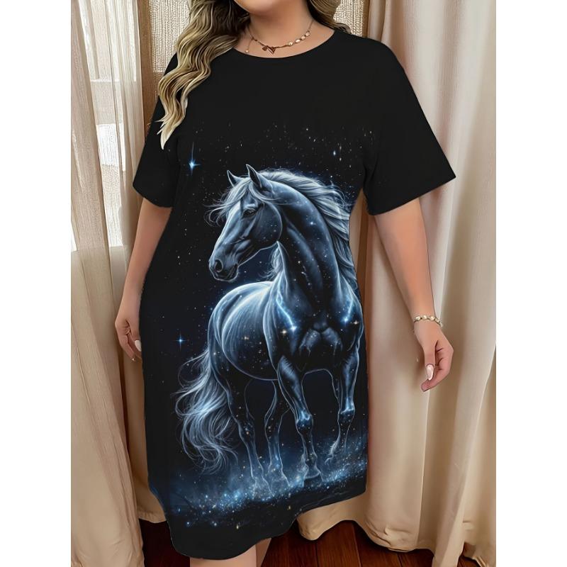 Modisches bedrucktes Damenkleid mit kurzen Ärmeln und Rundhalsausschnitt, geeignet für den täglichen Gebrauch, zum Pendeln und Reisen.