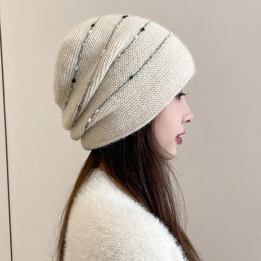 Women's Rabbit Fur Slouchy Hat with Ear Protection - Knitted Jumper Yarn, Plus Velvet, Autumn/Winter Style for Outdoor Warmth