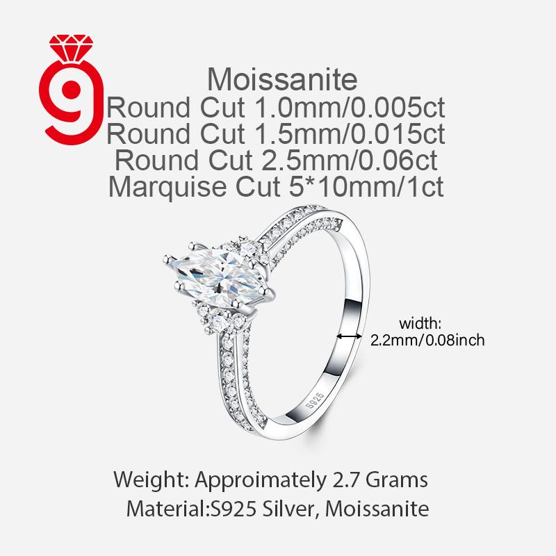 Luxury Elegant S925 Silver VVS Marquise Brilliant Cut Surround Side Stone GRA Certified for All Occasions Wear Moissanite Ring