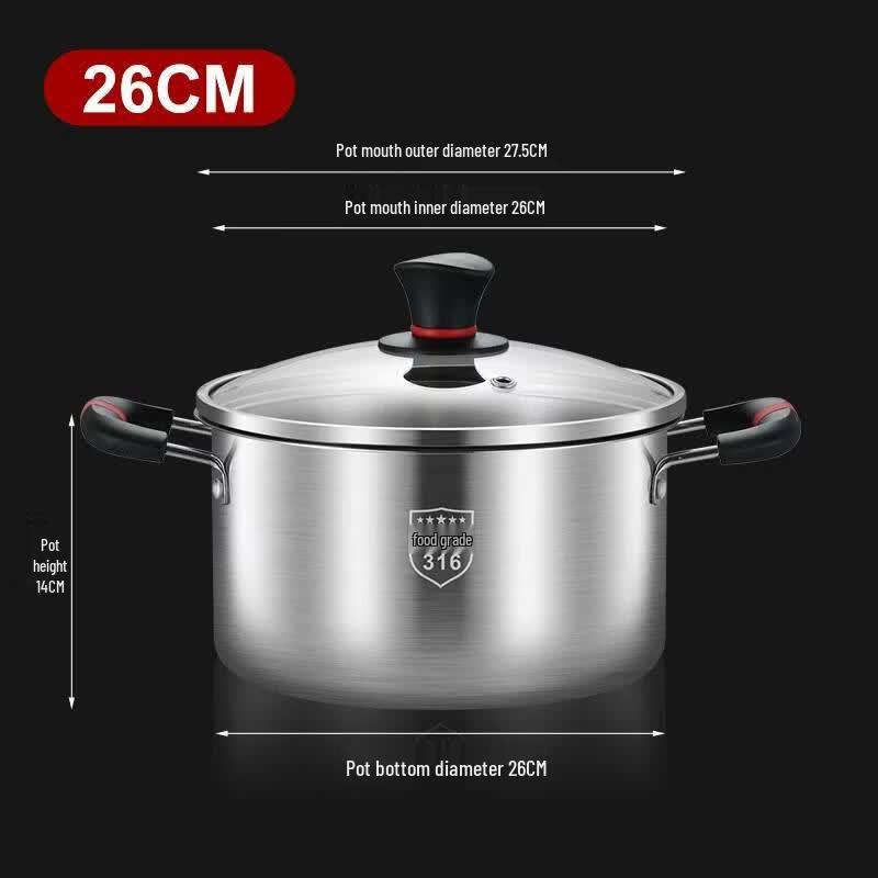 HANDUNYOU 316 Stainless Steel Stockpot with Anti-scald Handle, 26CM