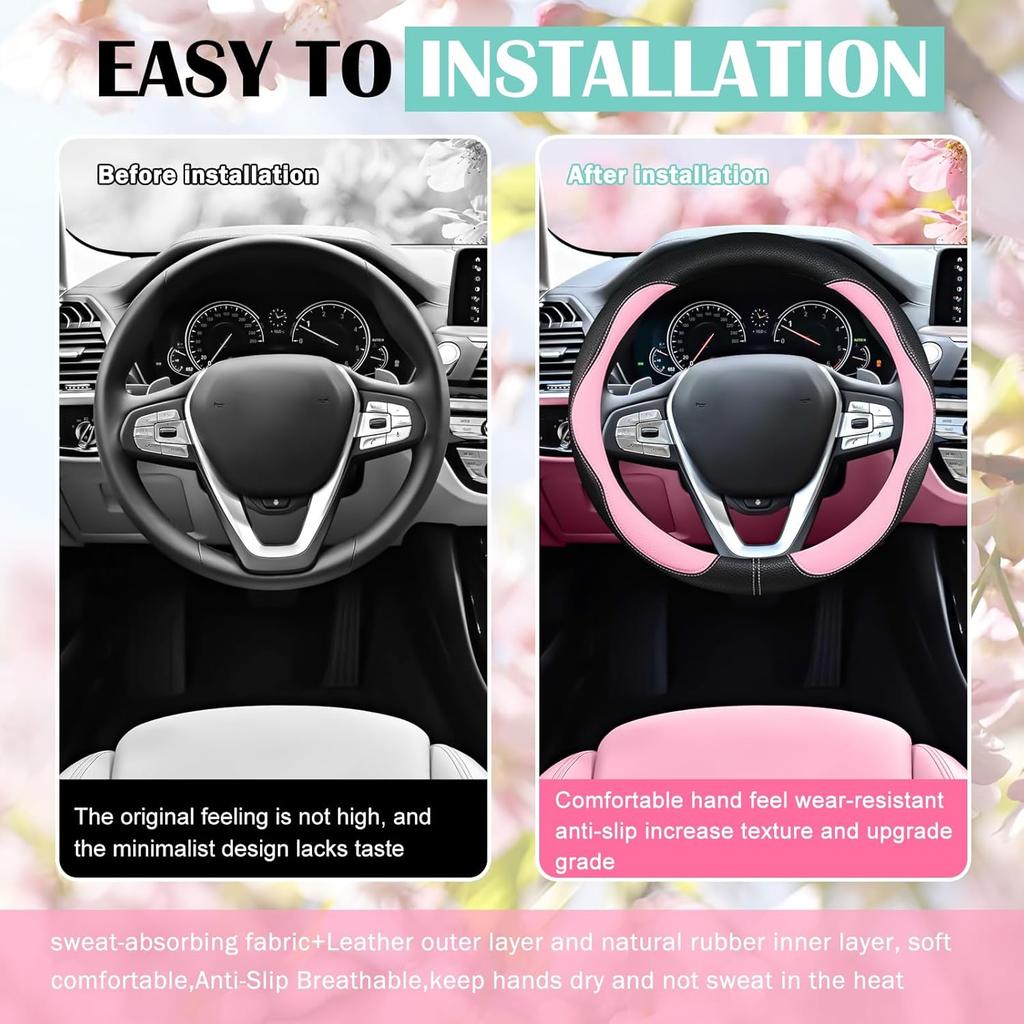 SuperKaKa Car Steering Wheel Cover 2025, Universal Auto PU Cute Breathable Slip-Proof Comfort Imitation Leather Protector Cars Interior Accessories