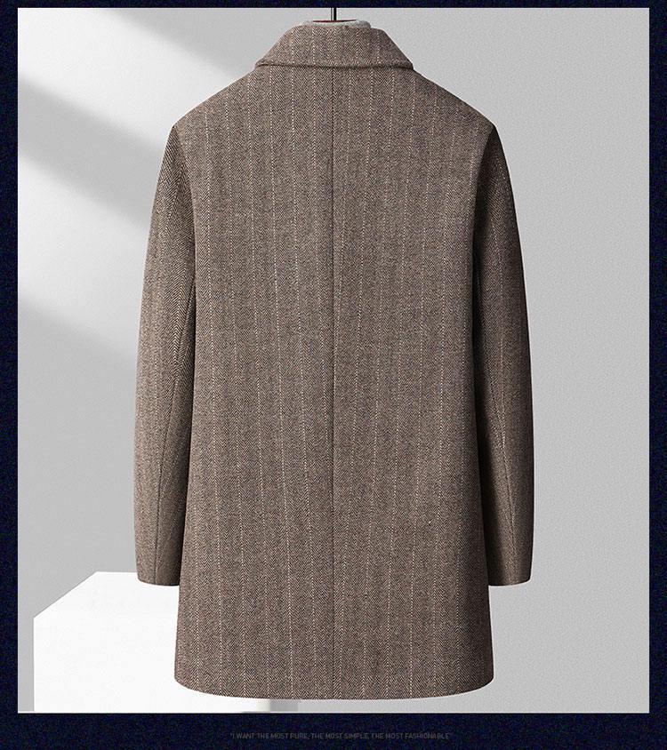 Men's Thickened Woolen Coat with Cotton Padding, Classic Striped Outerwear for Middle-Aged & Elderly, Dad's Style for Autumn/Winter.