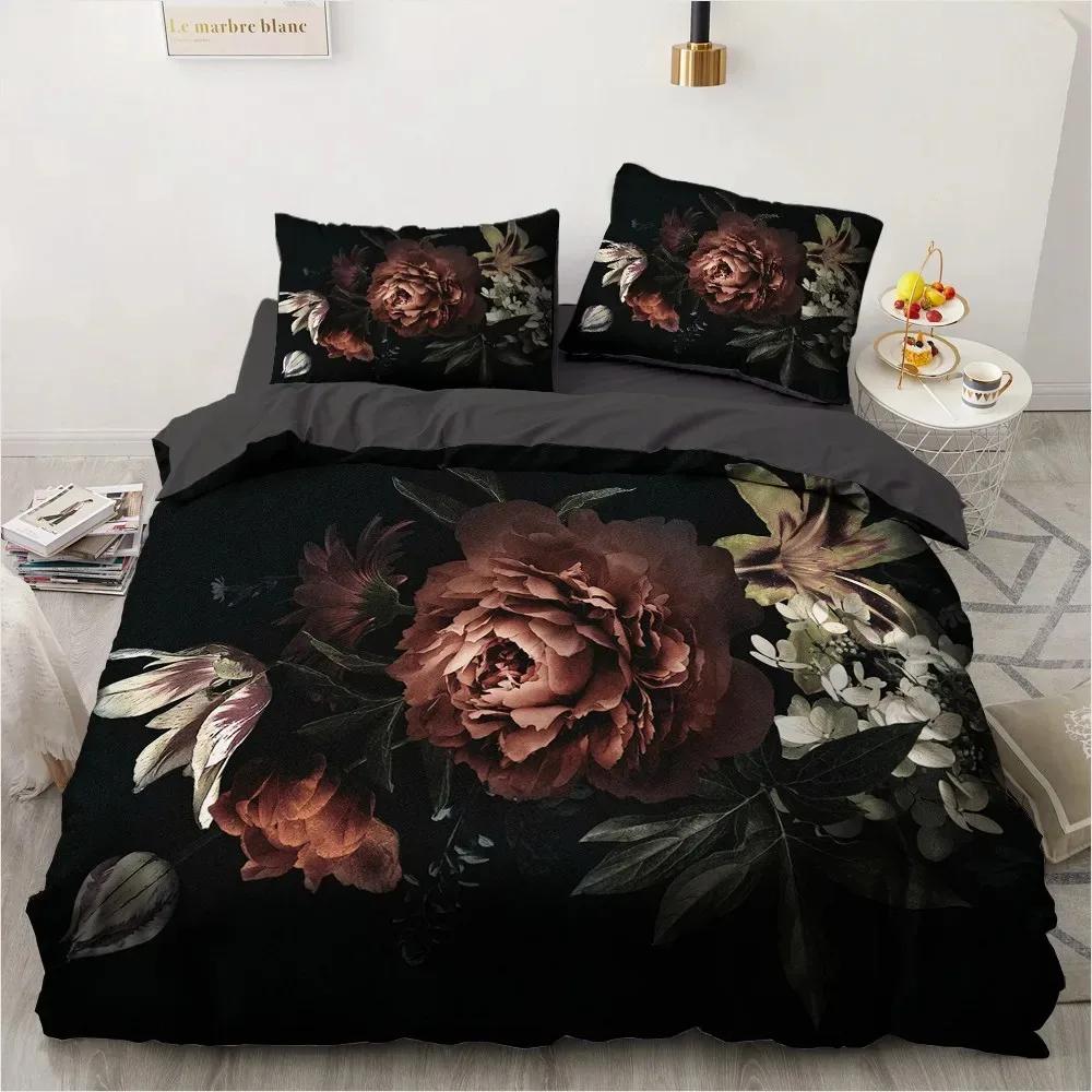 3D Flower Bedding Sets Black Duvet Quilt Cover Set Luxury Comforter Bed Linen Pillowcase Design Printed Valentine'S Day Bed Set