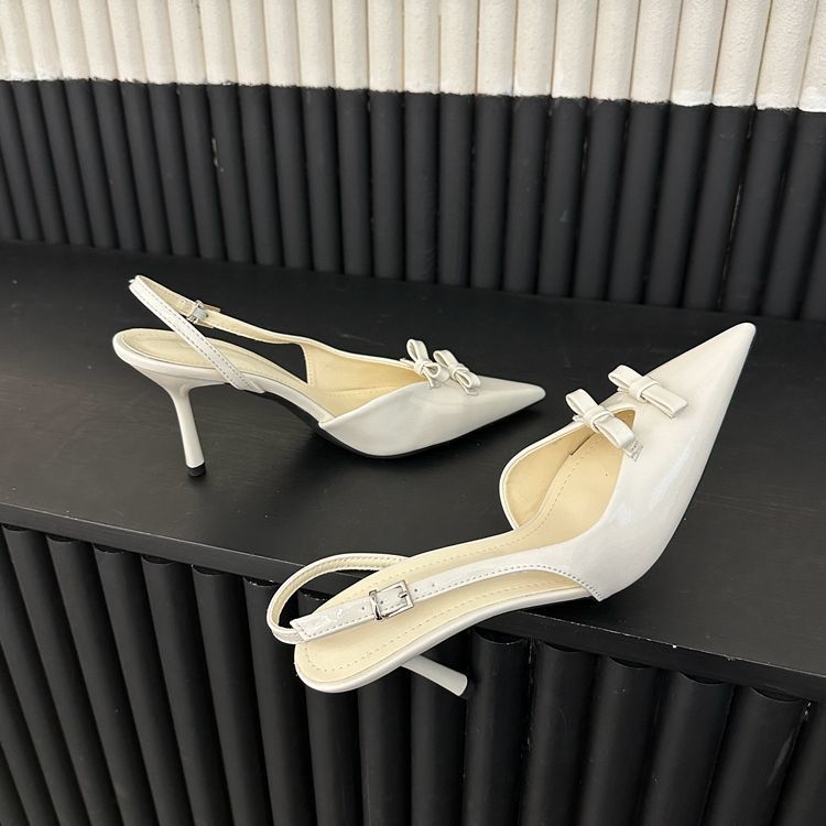 Niche French High Heels Thin Heel Bag Head Sandals Fairy Shoes 2025 Spring Temperament Pointed Bow Nude Shoes