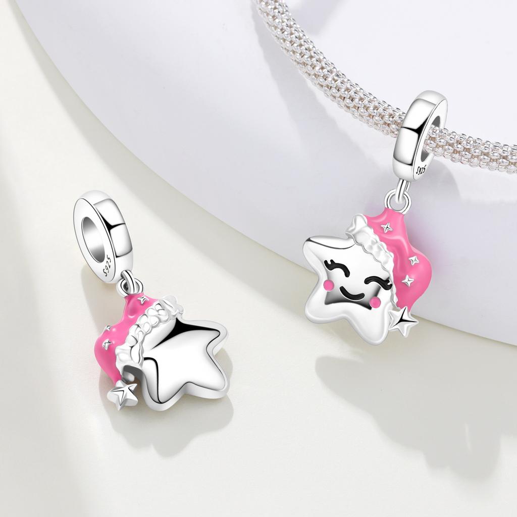 Copper Metal Pink Sleeping Hat Cute Star Pendant Bead Components Bracelet High Quality Fine Jewelry Charm Bead Components Compatible With High