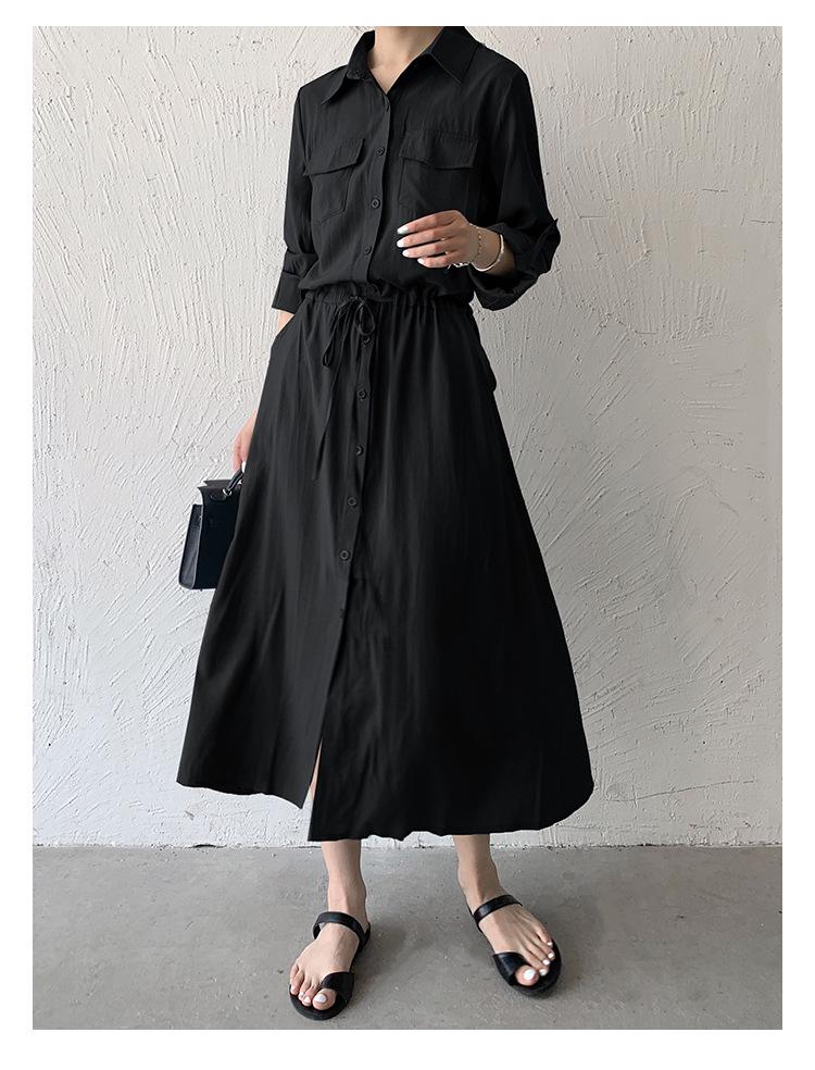 Japanese Style 2026 Autumn Women's Casual Long Sleeve Drawstring Shirt Dress with Pockets