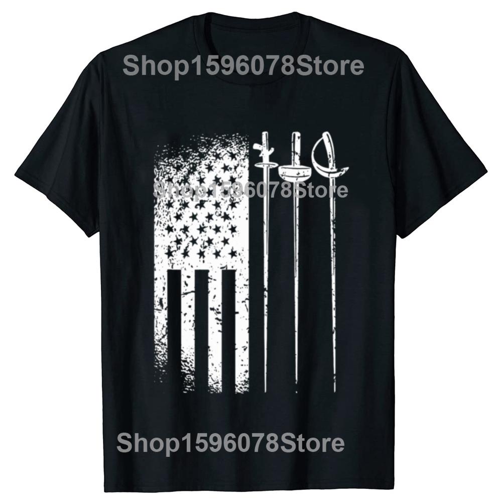 Funny American Fencing USA Flag Fencer T Shirts Men Pure Cotton Humor Streetwear Tee Shirt Short Sleeve Unisex Loose Clothing