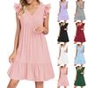 Womens  Sleeve Casual V-Neck Pleated Dress Loose  Linen Dresses
