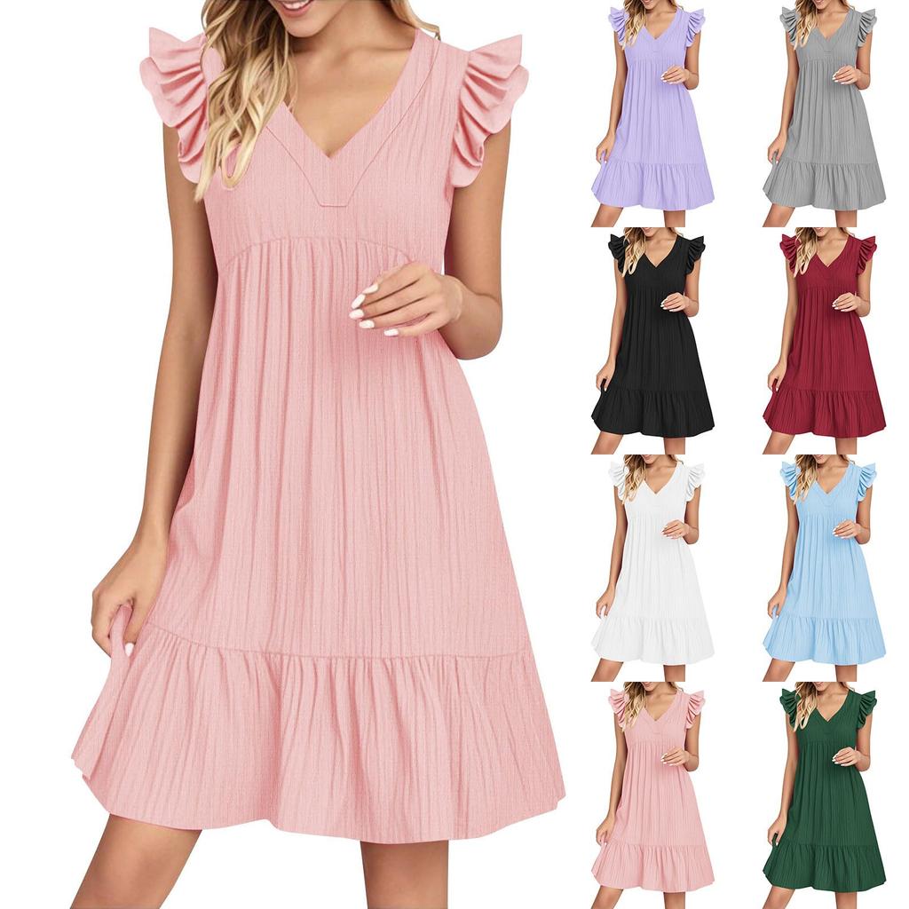 Womens Sleeve Casual V-Neck Pleated Dress Loose Linen Dresses