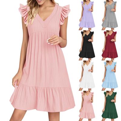 Womens  Sleeve Casual V-Neck Pleated Dress Loose  Linen Dresses