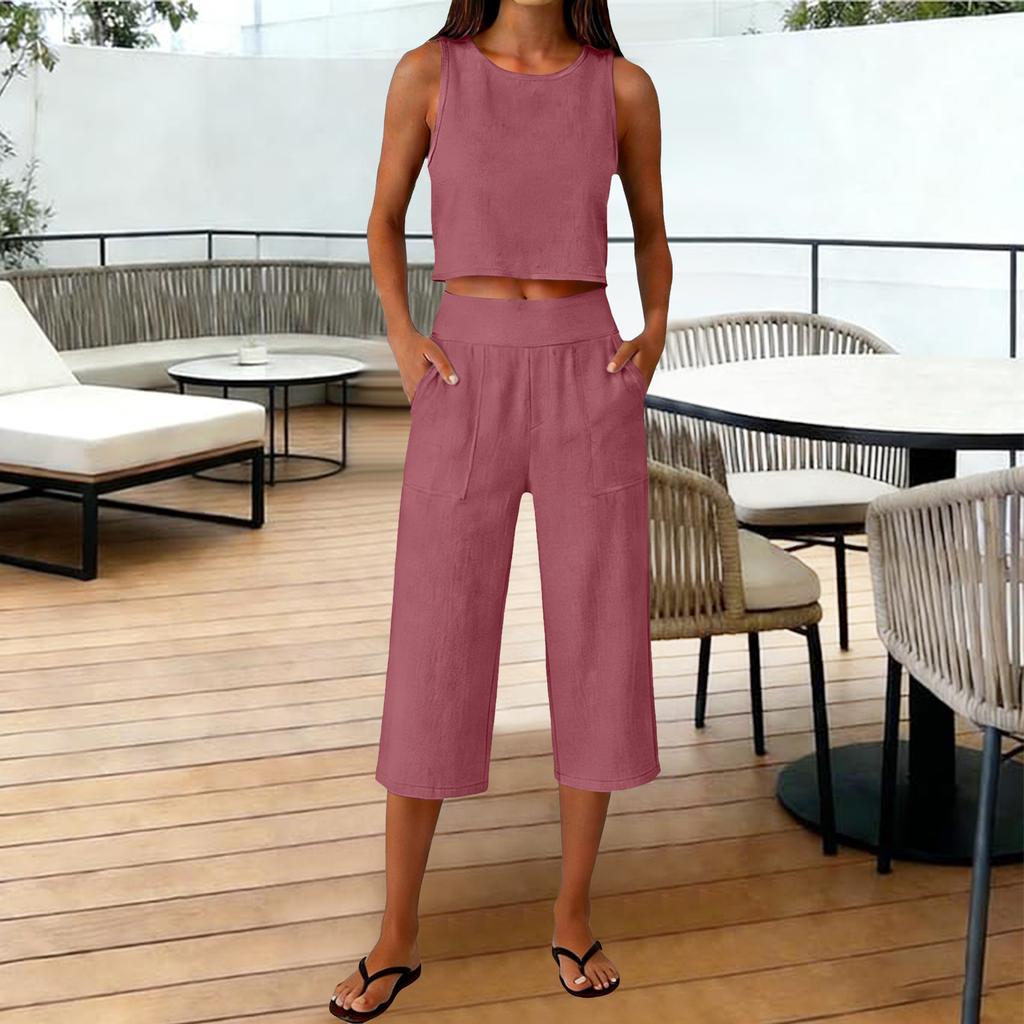 Sleeveless Crop Top and Wide Leg Pants Two Piece Set for Women Loose Fit High Waist with Pockets Casual Outfit