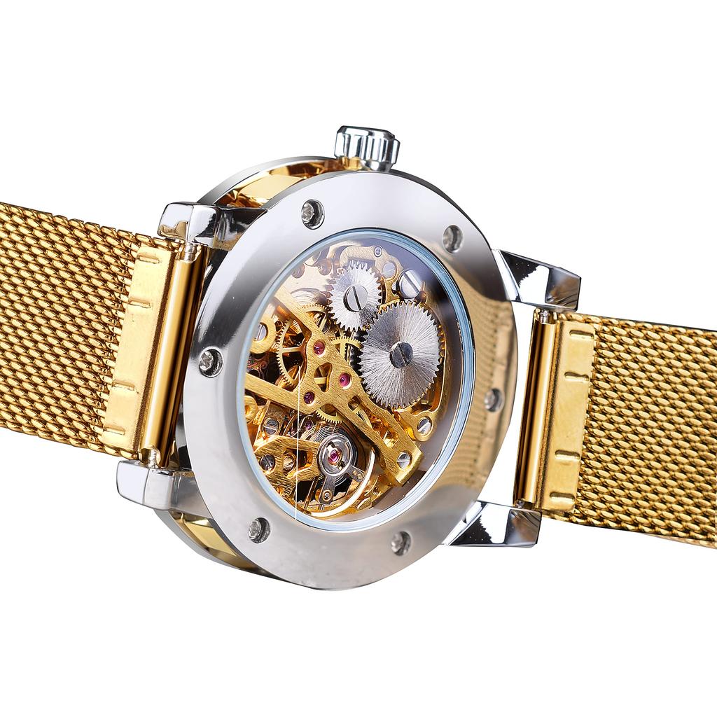 Forsining Winner Retro Manual Skeleton Watch Diamond Carving Flower Craft Men Gold Classic Roman Numerals