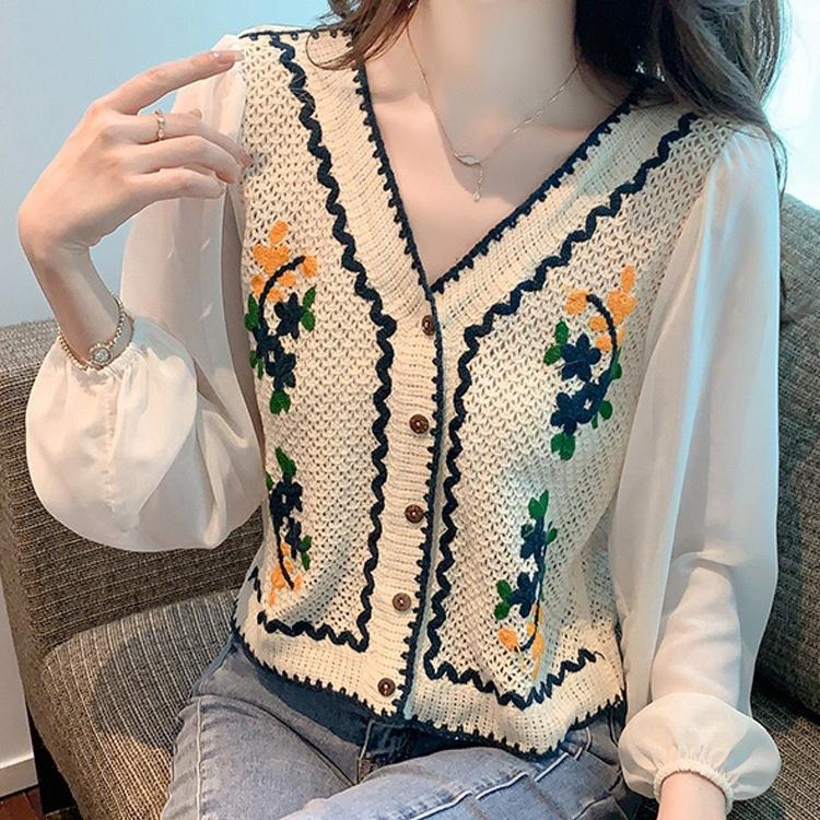 Blusa all'uncinetto con ricamo di fiori e maniche in chiffon, top cardigan con bottoni sul davanti da donna, primavera estate, Fairycore Cottagecore