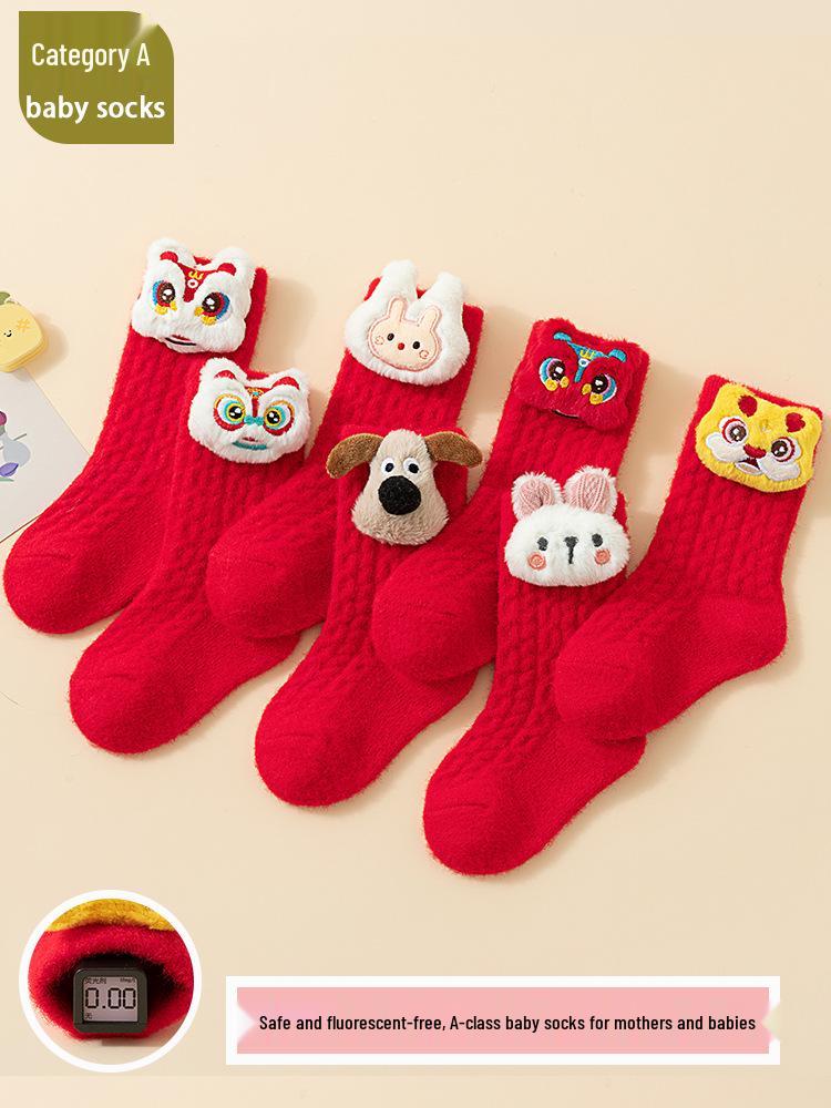 First Birthday Festive Red Socks for Boys and Girls - Warm Coral Fleece for Autumn & Winter