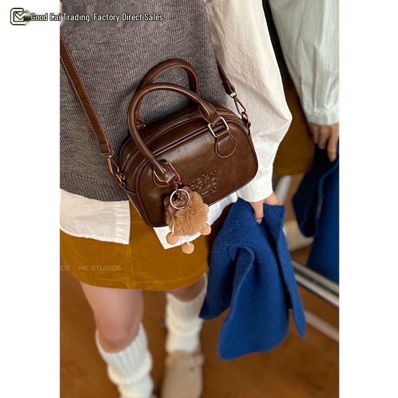 Women's Retro Coffee Bowling Bag - New 2024 Autumn/Winter Single Shoulder Crossbody with High Quality Texture