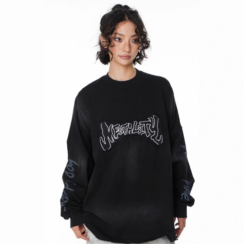 Vintage Washed Graffiti Long Sleeve T-Shirt Unisex Oversized Streetwear Top Cotton Casual Fall
