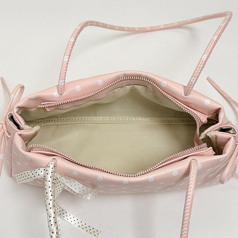 Y2k Polka Dot Shoulder Bag, Korean Fashion Elegant Underarm Bag Cute Lace Bow Decor Womens' Simple Commute Zippered Handbag