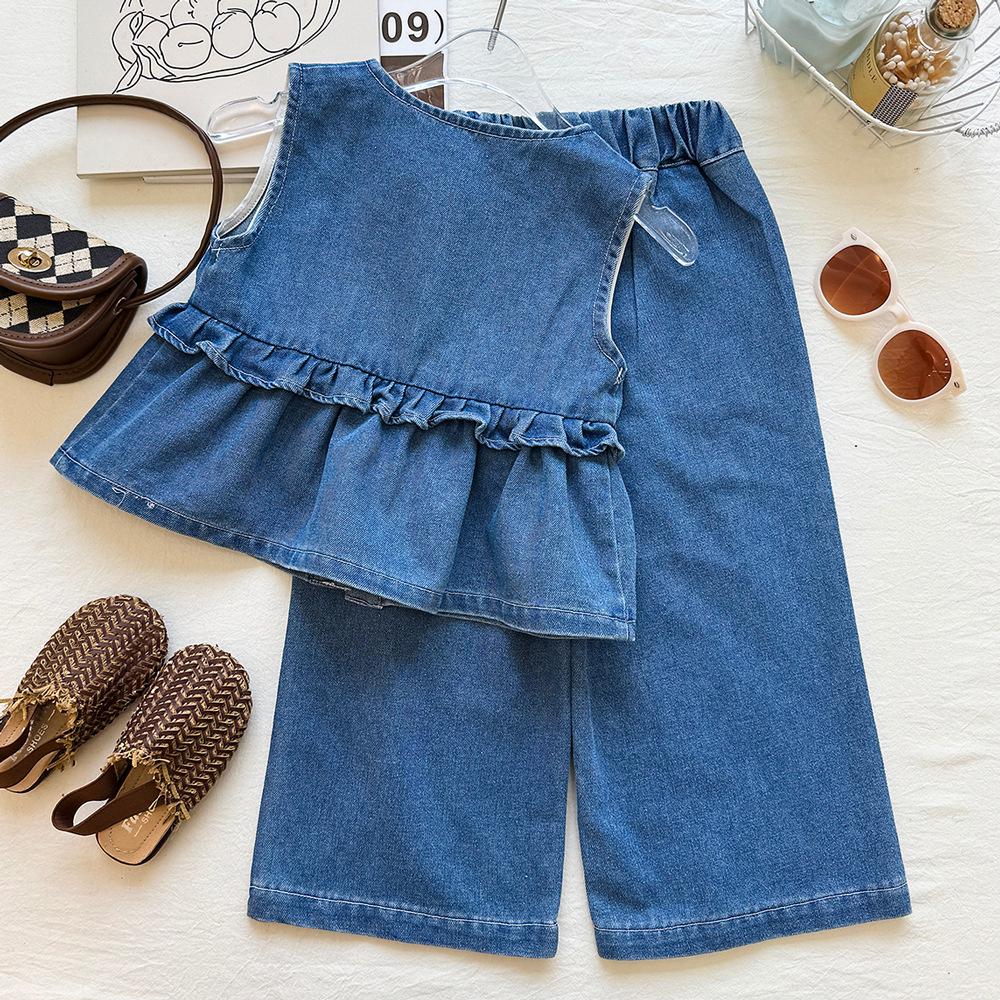 Girls' Soft Denim Vest & Wide-Leg Pants Set with Floral Embroidery - Summer Style Two-Piece Outfit