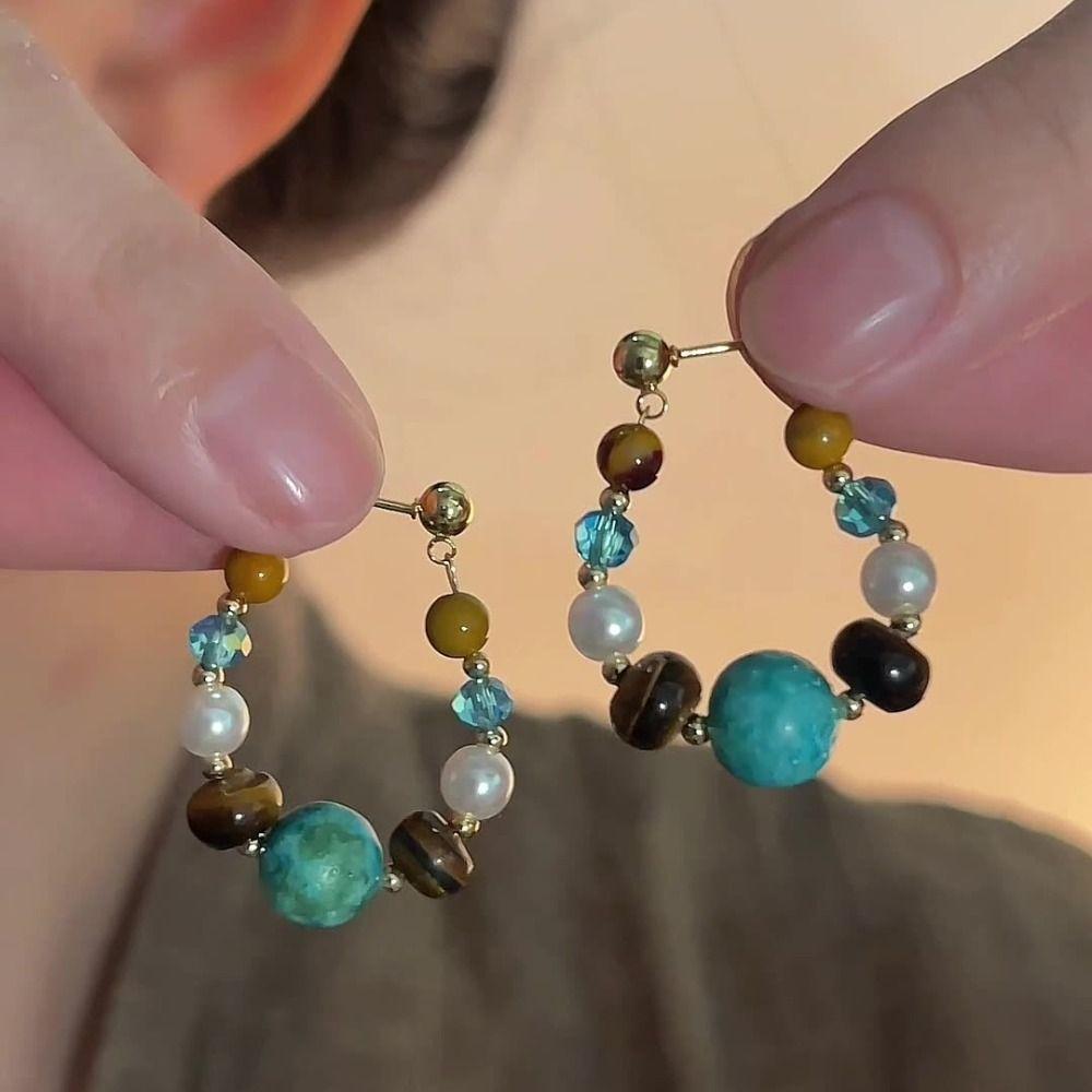 Pearl Beaded Earringdrop Water Droped Vintage Hoop Earrings Fashion Faux Turquoise Earrings  Women