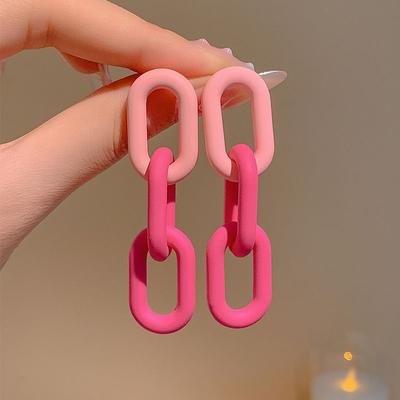 Dopamine Rose Pink Color Chain Long Hanging Earrings for Women Korean Cute Statement Swings Drop Dangle Earrings Party Gifts