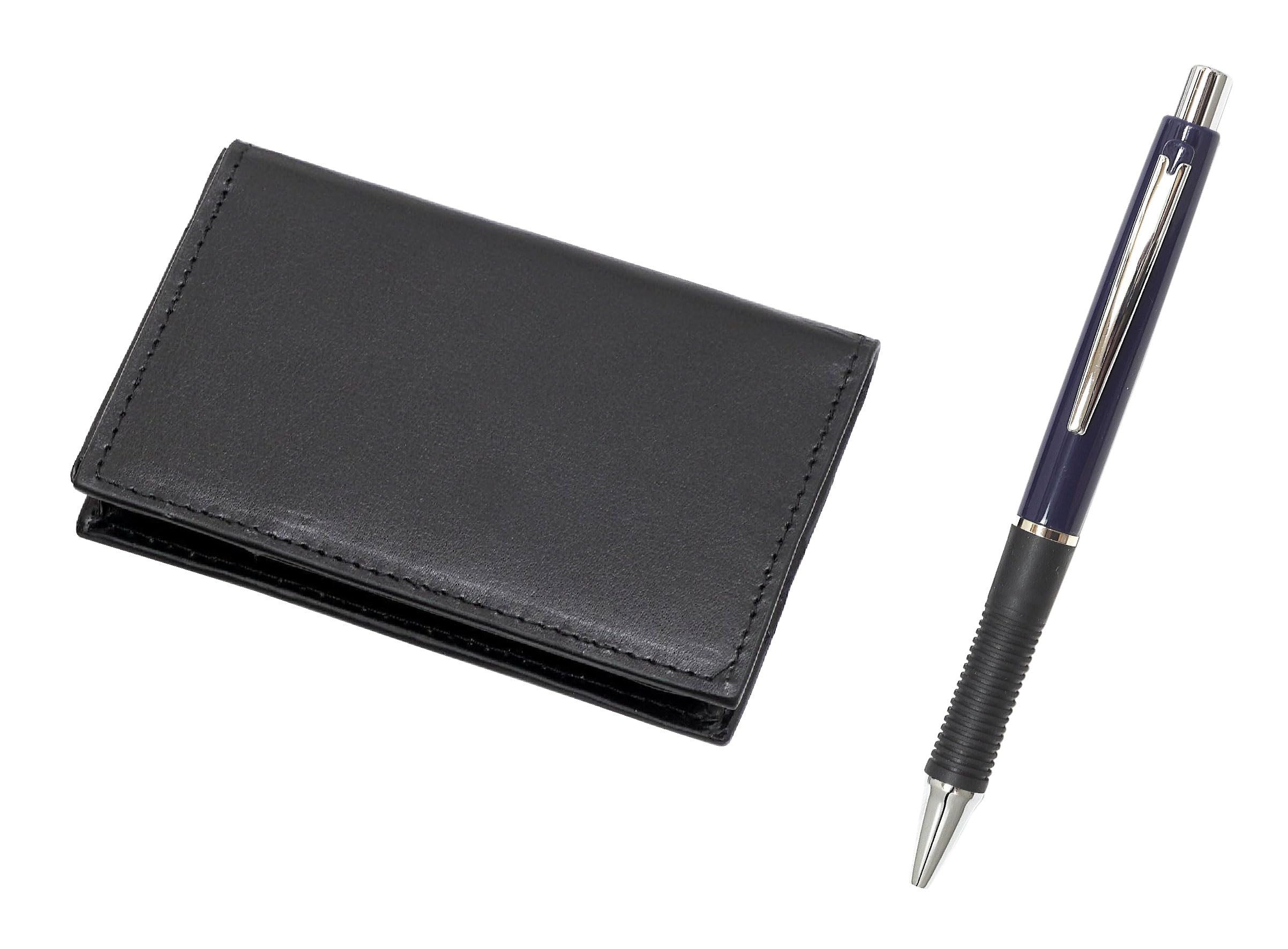 

Recycled Cowhide Business Card Holder with Metal Point Ballpoint Pen 4-Pocket Set, Blue, T23-LS030B-WZ13-L синій