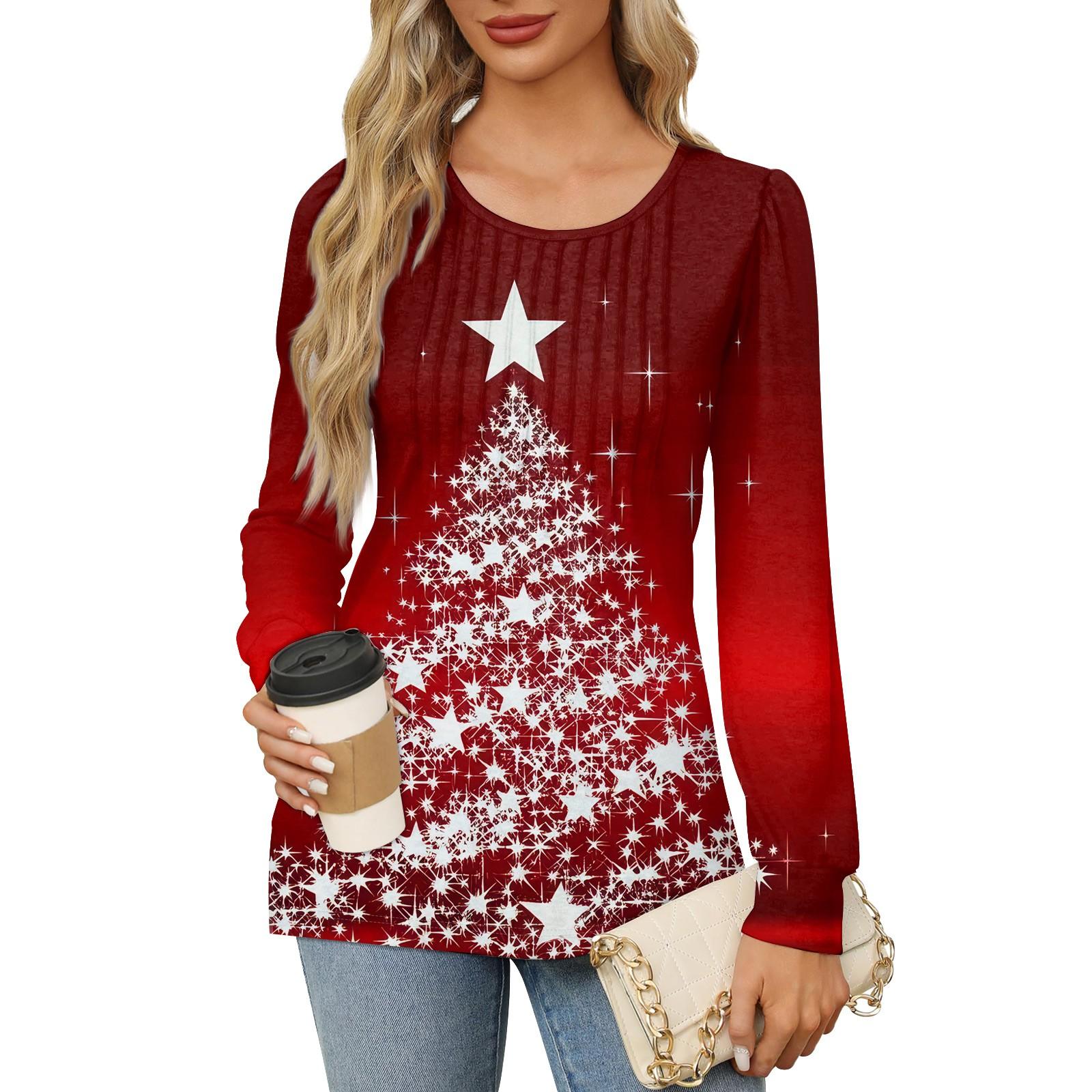 

Рубашки с длинным рукавом для женщин Милые принты Графические футболки Блузки Нарядные повседневные блузки Плиссированные туники с круглым вырезом Топы Рождество XL