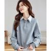 Autumn Women Grey  Loose Fit Long Sleeve Tops with Contrast Collar College Fashion